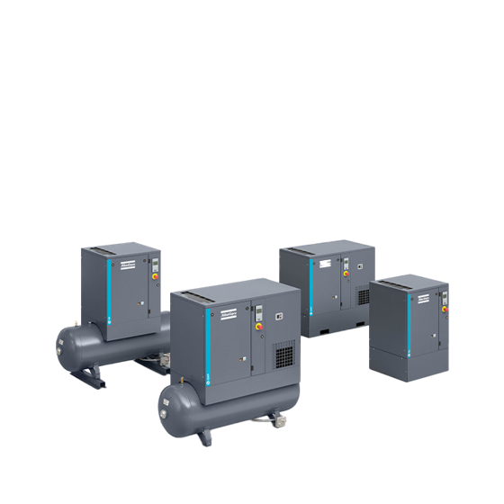 Atlas Copco dark grey G series air compressors arrayed on a transparent background